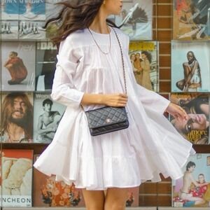 Merlette Soliman Mini Dress White Tiered‎ Trapeze Long Sleeve Cotton Sz S